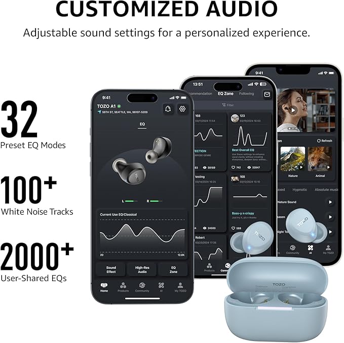 TOZO A1 Wireless Earbuds Bluetooth 5.3 Light Weight in Ear IPX5 Waterproof Headphones 2 Mic for AI Calls, Immersive Premium Sound Bass Headset with Charging Case, 32 Presets EQ Customization via App-StrideForce Fitness