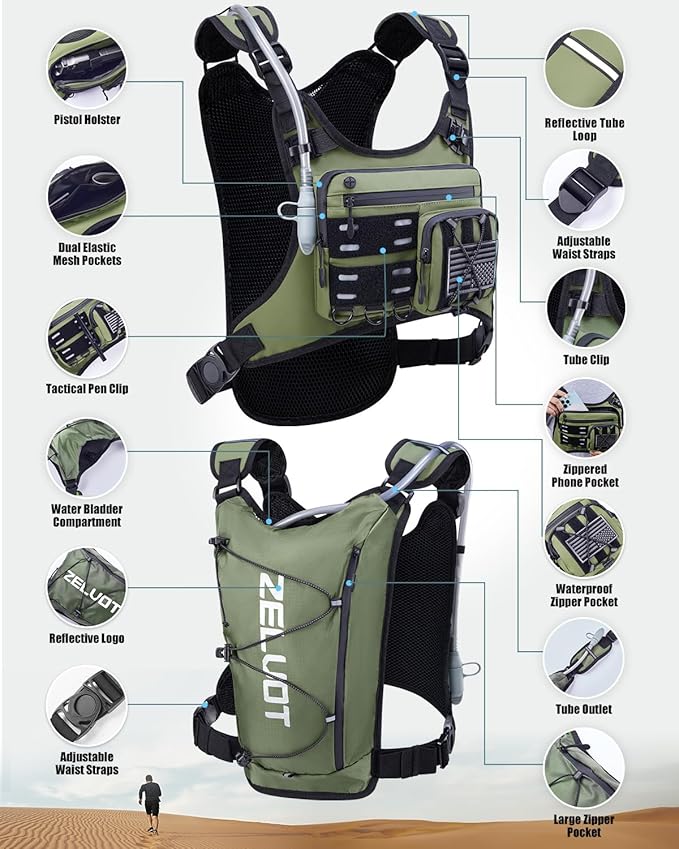 Running Vest with 2L Water Bladder, USA Original Patent, Lightweight Adjustable Chest Pack with Gear Holder, Reflective Running Hydration Vest for Women Men for Marathon-StrideForce Fitness