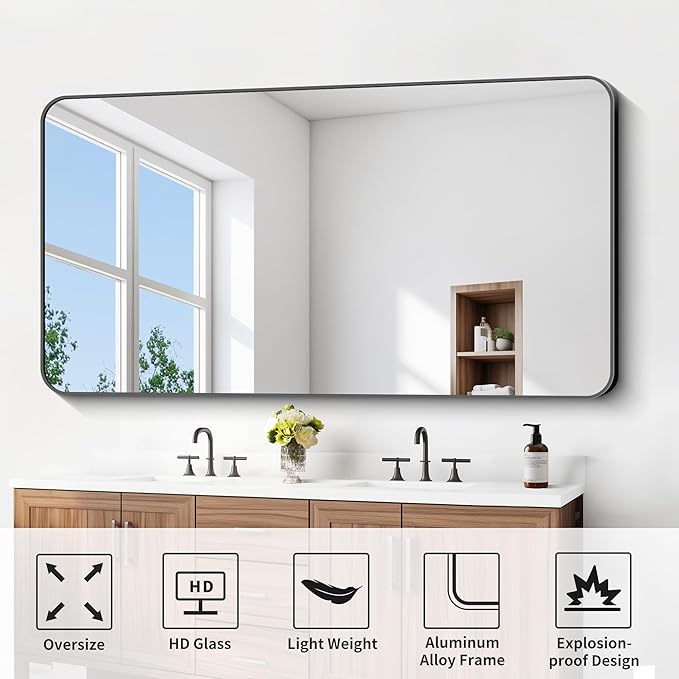 FORBATH Large Bathroom Mirror 72x36 Inches, Black Oversized Wall Mirror for 2 Sinks Aluminum Frame Full Length Rounded Corner Morndern Mirror for Bathroom Bedroom Entryway Living Room-StrideForce Fitness