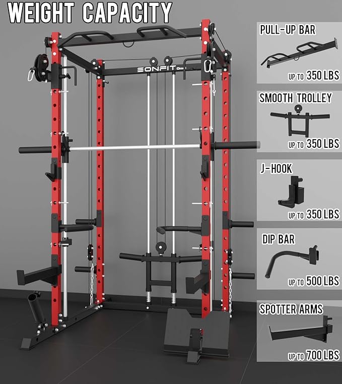 Eonfit E3 Smith Machine with 360°Rotating Arm for Home Gym Equipment, Multi-Function Power Cage Squat Rack with Cable Crossover LAT Pulldown Pulley System All in One-StrideForce Fitness