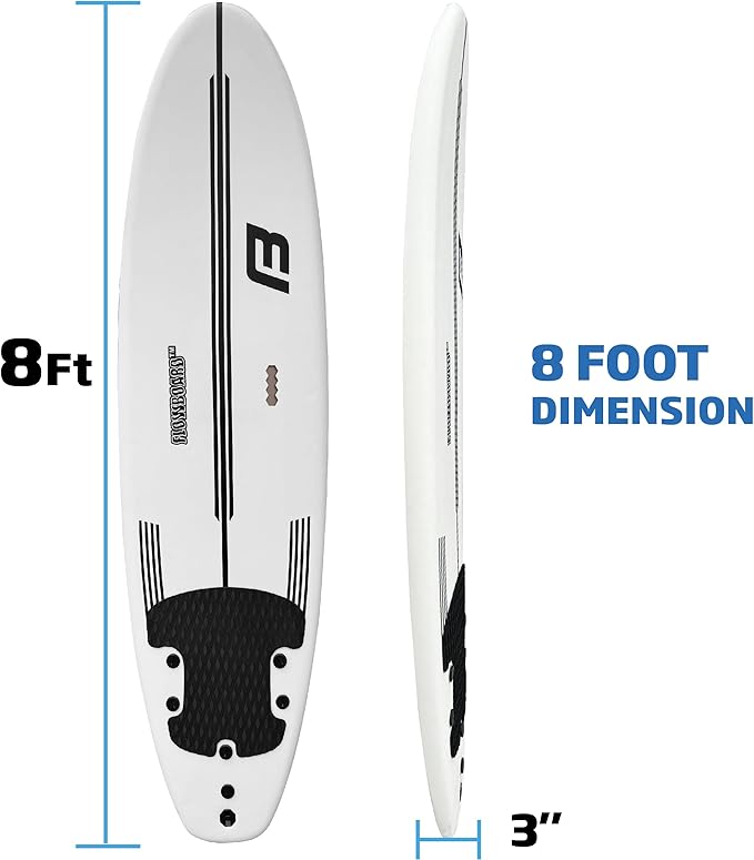 FLOWBOARD Surfboard Softboard Foam - Include (3) Fins 6’ Foot Leash and (2) Wood Stringers Inside Board Availalable in 6' and 7' Short Board and 8' Longboard-StrideForce Fitness