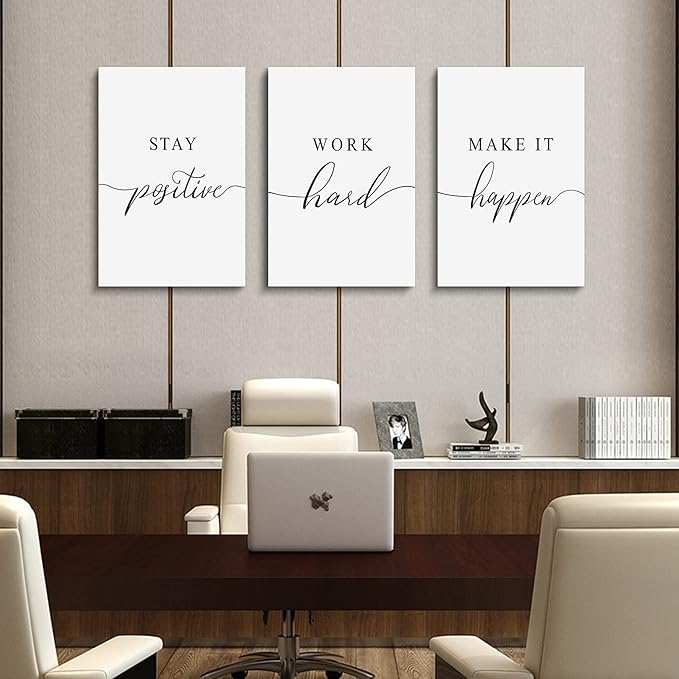 Framed Canvas Wall Art Work Quote, Office Wall Art Decor, Stay positive work hard make it happen, gift for father, boss gift, Inspirational Prints, Motivaional Wall Art (G-3pcs,16x24inchx3pcs)-StrideForce Fitness