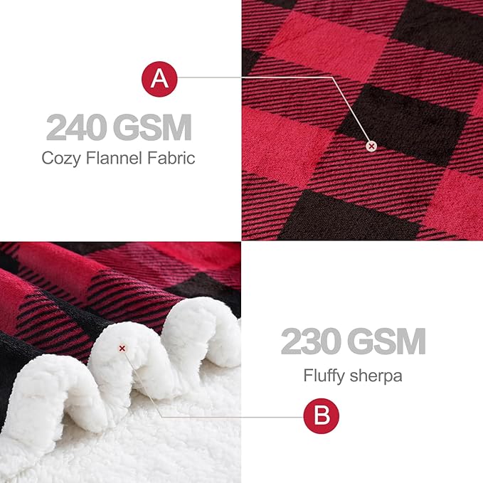 PU MEI Sherpa Fleece Throw Blanket 60" x 80" Reversible Plush Fluffy Large Big Blanket Lattice Flannel Blankets for All Season Use, Red and Black-StrideForce Fitness