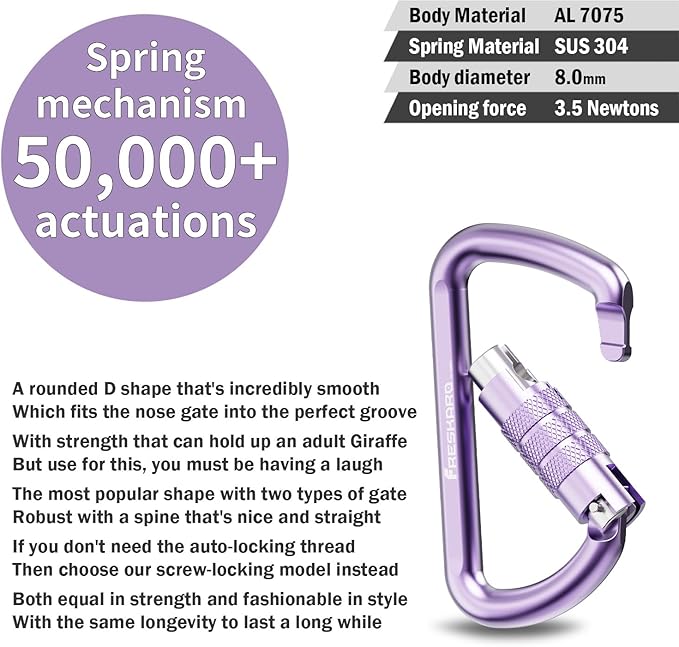 FresKaro 3inch 12kN-2698lbs Auto Locking Carabiner Clips, Solid D Shape, Heavy Duty 7075 Aluminum, Lightweight 1.09oz, Rust Proof, for Hammock, Hiking, Dog Leash, Keychain etc., Multi-Colors-StrideForce Fitness