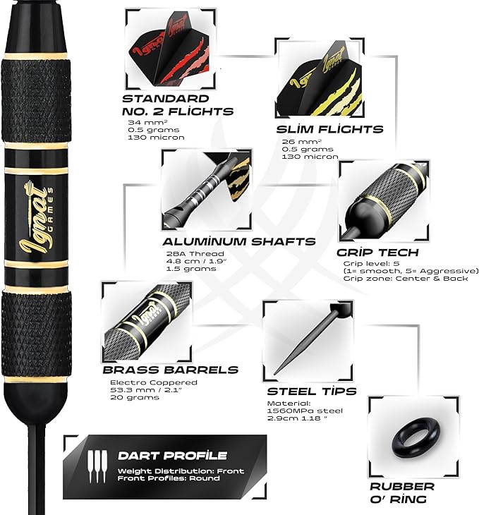 IgnatGames Premium Steel Tip Darts – 3/6/12 Pack Brass Barrels with Aluminum Shafts, 16 GlideXPro Flight Set, Tool Kit & Giftable Case-StrideForce Fitness