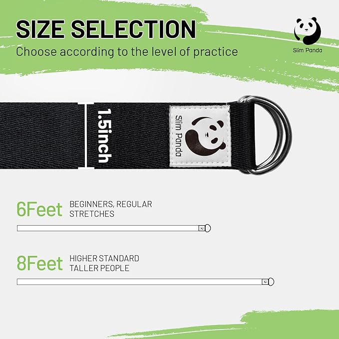 Slim Panda Yoga Strap for Stretching,Cotton Yoga Strap with Adjustable D-Ring Buckle,Non-Elastic Yoga Belt for Pilates,Gym Workouts,Physical Therapy,Improve Flexibility-StrideForce Fitness