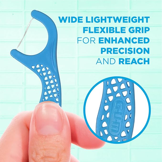 GUM Advanced Care Floss Picks - Dental Flossers for Adults with Vitamin E and Fluoride - Extra Strong Shred-Resistant Dental Floss, Easy Grip Handle, Fresh Mint Flavor, 90 Count (Pack of 3)