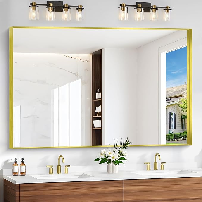 Gold Bathroom Mirror, 60x40 Inch Rectangular Framed Mirror, Large Wall Mounted Bathroom Vanity Mirror Over Sink for Bedroom,Restroom, Living Room, Hangs Vertically or Horizontally-StrideForce Fitness