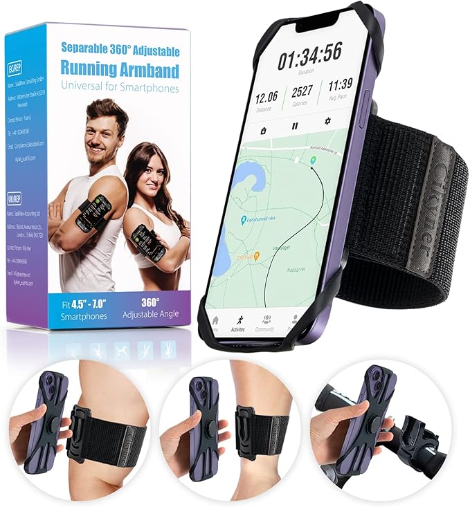 Cikyner Running Armband, Upgraded 3 in 1 Running Phone Holder Sports Armband Bicycle Phone Holder 360° Rotatable & Detachable Running Phone Armband for 4.5-7'' iPhone for Gym Running Hiking-StrideForce Fitness