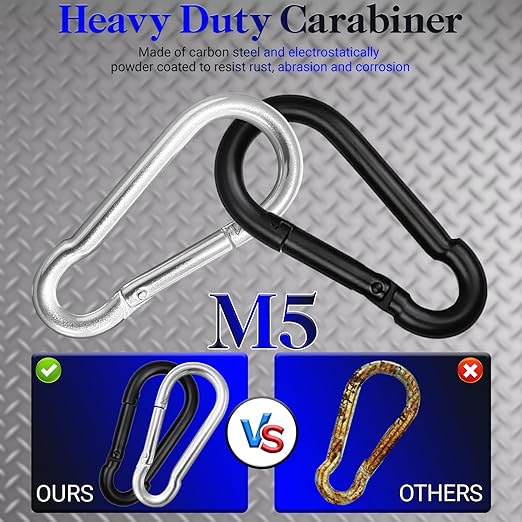 100Pcs 1.97" Spring Snap Hook Carabiners, M5 Galvanized Steel Black Small Carabiner Clip, Keychain Clip, Quick Link Key Chain for Hammock Swing Set Outdoor Travel, Camping, Fishing, Hiking-StrideForce Fitness