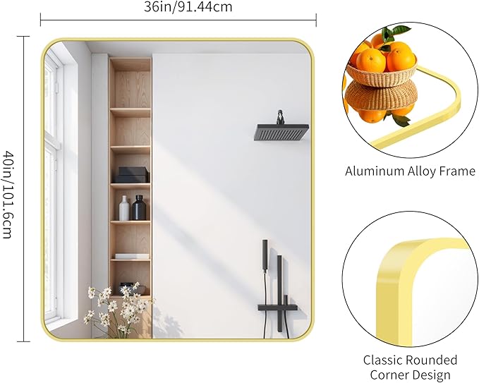 FORBATH 40x36 Inch Gold Bathroom Mirror for Over Sink, Large Rectanglar Wall Mirror with Metal Frame, Rounded Corners for Bathroom, Bedroom, Entryway Decor (Horizontal or Vertical)-StrideForce Fitness