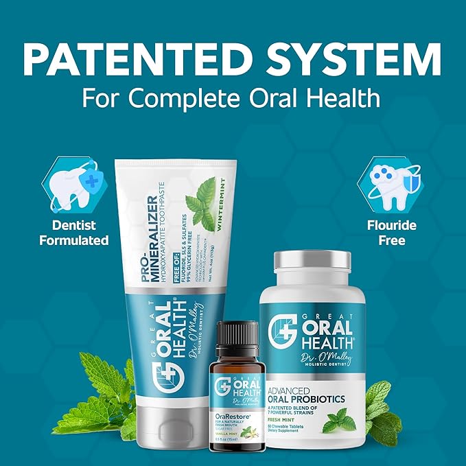 Dentist Formulated Oral Health System with Fluoride Free Remineralizing Nano Hydroxyapatite Toothpaste, OraRestore Mouthwash Concentrate & Oral Probiotics for Bad Breath, Enamel Strength, Oral Balance
