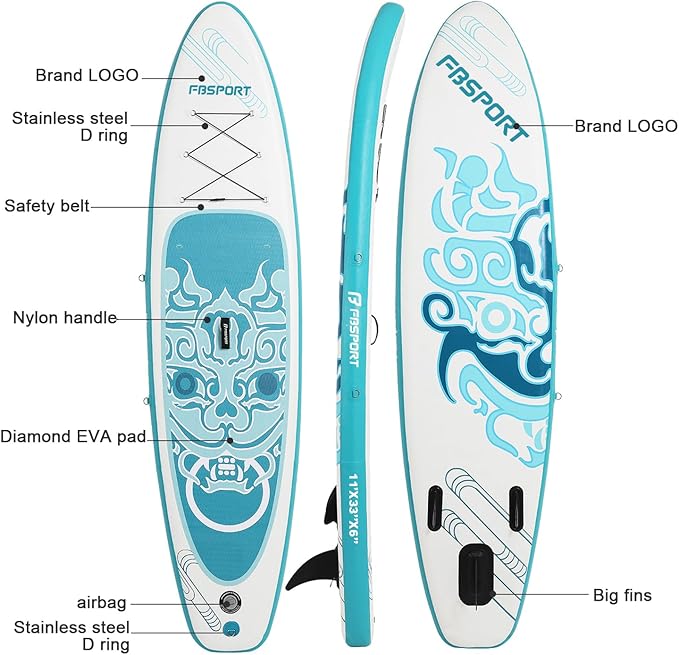 FBSPORT 11' Premium Stand Up Paddle Board, Yoga Board with Durable SUP Accessories & Carry Bag | Wide Stance, Surf Control, Non-Slip Deck, Leash, Paddle and Pump for Youth & Adult-StrideForce Fitness