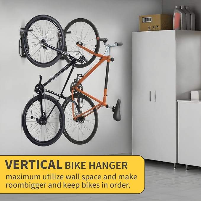 Vertical Bike Rack Wall Mount for Garage–Heavy-Duty Steel Bicycle Hook for Indoor Storage, Space-Saving Holder for Road, Mountain & Hybrid Bikes, Fits Tires Up to 2.6" Wide (2 Pack)-StrideForce Fitness
