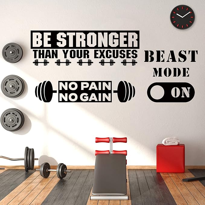 Zonon 3 Pieces Gym Wall Decal, Be Stronger Than Your Excuses, No Pain No Gain Beast Mode Inspirational Quotes Vinyl Wall Art Fitness Exercise Wall Sticker for Gym Office Home Decor-StrideForce Fitness