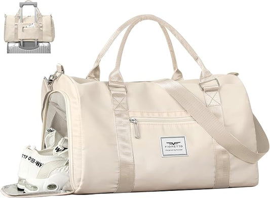 FIORETTO Womens Gym Tote Duffle Bag with Wet Pocket & Shoe Compartment, Sports Duffel Overnight Weekender Hospital Workout Carry on Bag for Girls, Ideal for Travel, Swimming, Dance, Ballet Beige-StrideForce Fitness