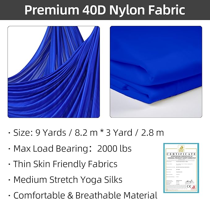 PRIOR FITNESS Aerial Silks Kit Colorful 9/15/20 Yards 40D Nylon Fabric Hammock Set With Hardware & Guide for All Levels Of Aerial Yoga Practice and Acrobatic Flying For Adults Aerial silk-StrideForce Fitness