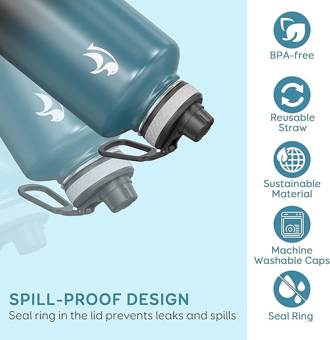 Coolflask Water Bottle 87 oz with Straw, 2/3 Gallon Insulated Stainless Steel Large 3 Lids Big Water Jug for Sports or Office, Non-BPA Keep Cold Up to 48 Hrs or Hot Up to 24 Hrs, Samurai Cyan-StrideForce Fitness