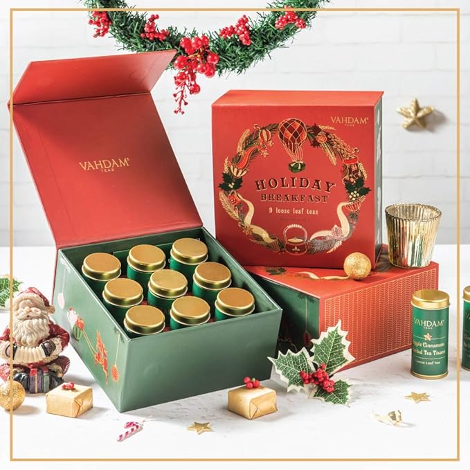 VAHDAM, Holiday Breakfast - Christmas Tea Gift Sets (90+ Cups) 9 Loose Leaf Tea - Luxury Gift Box | Christmas gifts 2024 Ideas | Christmas Gifts For Women, Men & Adults I Holiday Tea Gift Box-StrideForce Fitness