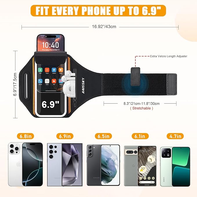 Running Armband for iPhone 15/14/13 Pro/Plus & Galaxy S20/S10, 3D Design Cell Phone Armband with Earphone Pouch Card Slot & Key Pockets, Water Resistant Sports Phone Holder Up to 6.9" Devices-StrideForce Fitness
