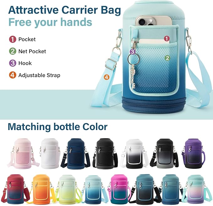 Insulated Water Bottle | Thickened Stainless Steel Vacuum Metal | Portable Sports Half Gallon Large Water Jug for Gym and Hiking with Straw, Carrier Bag, Handle Strap | BPA-Free 64 oz-StrideForce Fitness