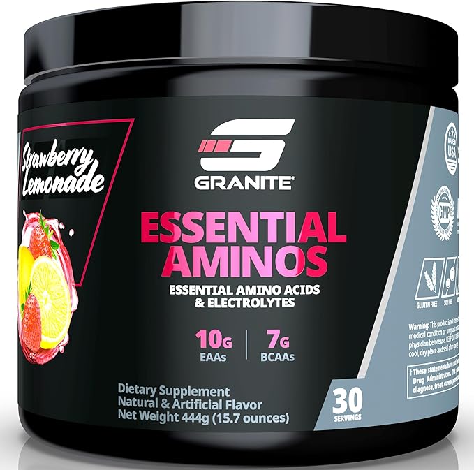 Granite Essential Amino Acids Powder for Muscle Recovery and Growth with 10g EAAs and 7g BCAAs - Soy-Free, Gluten-Free, 448g (30 Servings), Strawberry Lemonade-StrideForce Fitness