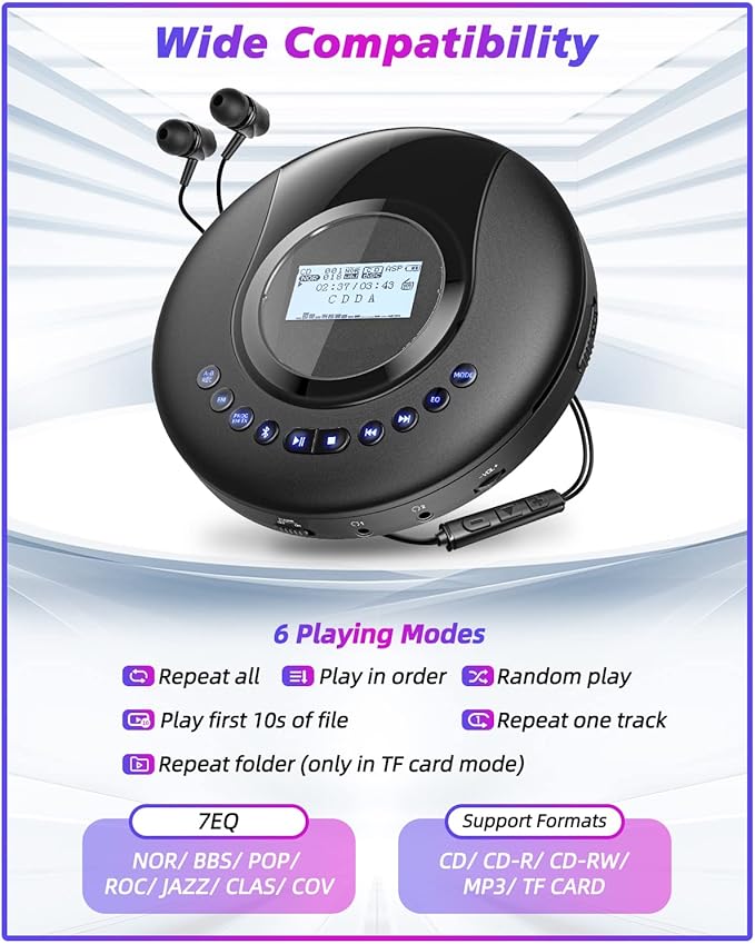ARAFUNA Portable CD Player Bluetooth with FM Radio, 2000mAh Rechargeable CD Player for Car with LCD Screen, Anti Shock Protection Compact Player with Headphone, AUX Cable-StrideForce Fitness