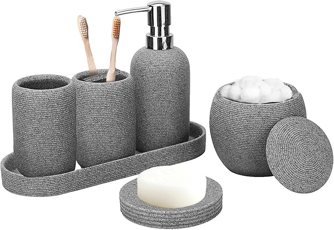 Bathroom Accessory Set, 6PCS Gray Bathroom Accessories - Soap Dish, Lotion Dispenser, Toothbrush Holder, Mouthwash Cup, Tray, Cotton Ball Jar, Aesthetic Decor Bathroom Sets