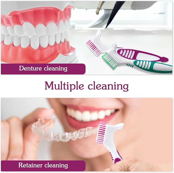 Denture Brush, 2 Pcs False Teeth Toothbrush with White Carrying Case, Multi-Tiered Bristles with Comfort Grip Handle for Effective Denture Cleaning