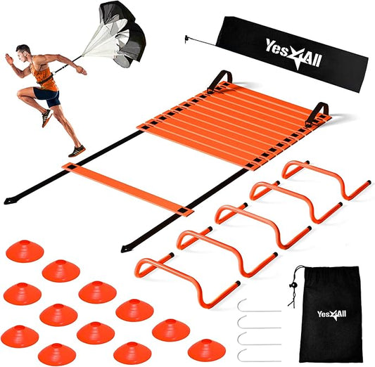 Yes4All Agility Ladder Speed Training Equipment Set - 1 Adjustable Agility Ladder, 12 Soccer Cones, 5 Hurdles, Jump Rope, Running Parachute - Speed & Agility Training Equipment for All Ages-StrideForce Fitness