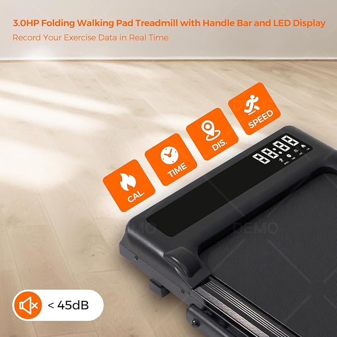 Portable Compact Treadmill with Handles for Home Small Spaces, Foldable Folding Walking Pad Treadmill with Handle Bar, 3.0HP Electric Walking Pads Treadmills Home with 320LB Capacity, LED Display-StrideForce Fitness