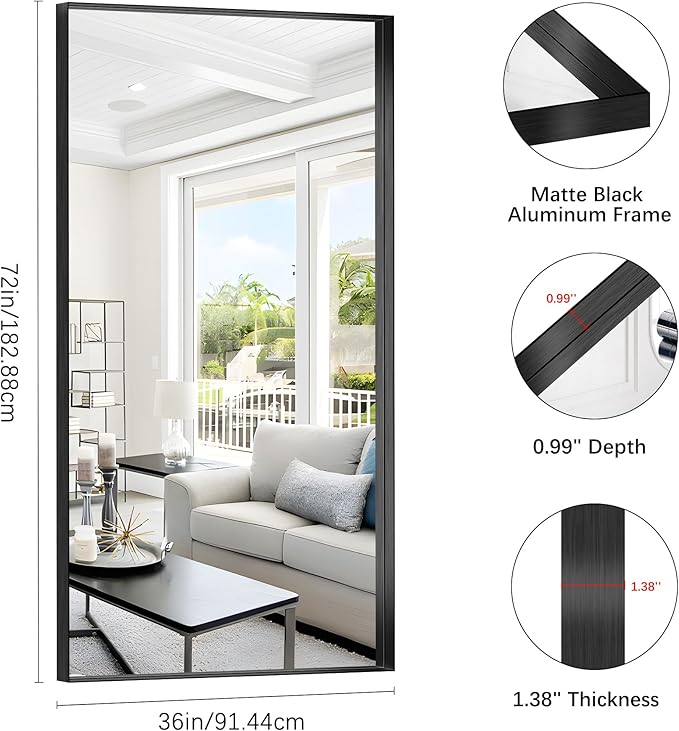 Black Bathroom Mirror, 72x36 Inch Rectangular Deep Frame Mirror, Large Wall Mounted Bathroom Vanity Mirror Over Sink for Bedroom,Restroom, Living Room, Hangs Vertically or Horizontally-StrideForce Fitness