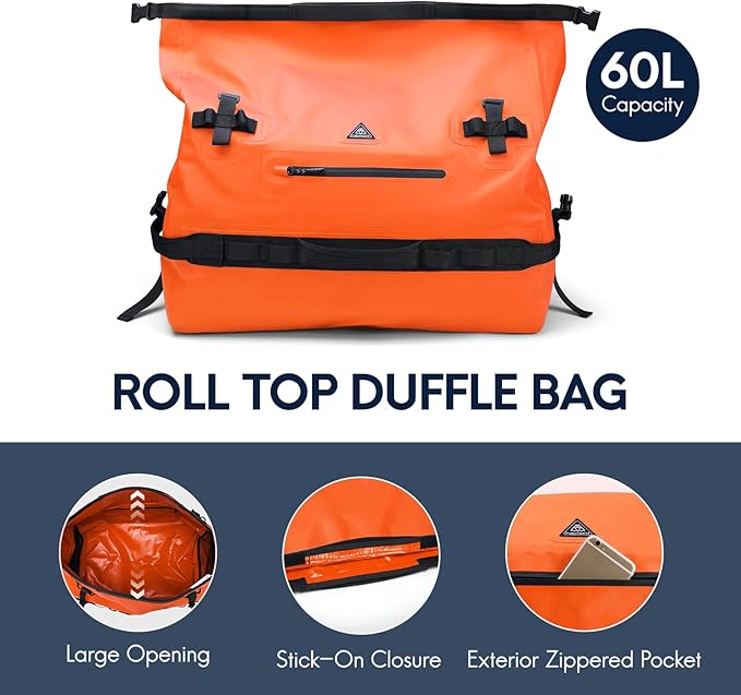 Haimont Large Waterproof Duffel Backpack Roll-Top Heavy Duty Dry Duffle Bag for Boating, Travel, Motorcycle, Kayaking, Camping, 60L-StrideForce Fitness