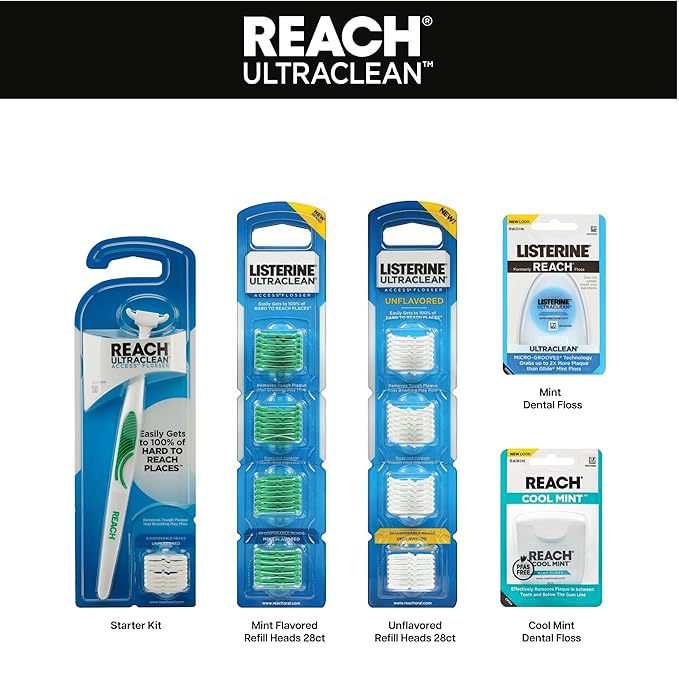 Reach Ultraclean Access Flosser Bundle, Unflavored, Plaque Remover for Teeth, for Hard to Reach Areas, Oral Care, PFAS-Free, 1 Flosser Starter Kit + 3 Packs Refill Heads