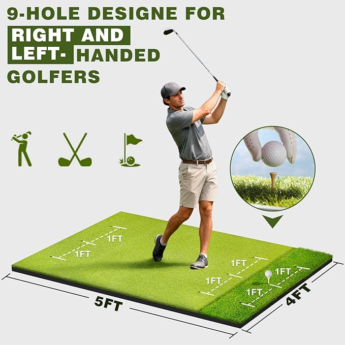 Heavy-Duty 5x4FT Golf Hitting Mat – Dual Turf Design Simulates Fairway & Rough for Real Course Feel, Indoor/Outdoor Practice Mat for Full Swing & Chipping Training, Easy Carry Strap-StrideForce Fitness
