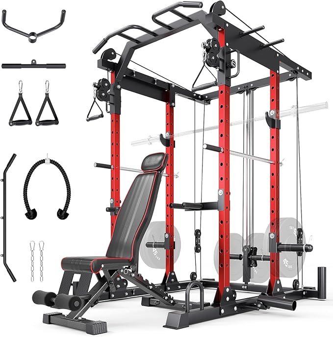 YOLEO Smooth Dual Pulley System Power Cage, 1600LBS Adjustable Cable Crossover Power Rack, Multi-Functional Squat Rack for Home Gym with More Training Attachment-StrideForce Fitness