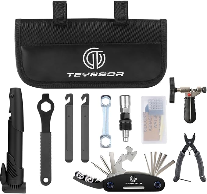 Teyssor Bike Repair Bag with Tire Pump, Bicycle Tire Repair Tool Kit, Portable Tool Bag with 16 in 1 Multitool All in One Bike Kit for Cycling-StrideForce Fitness