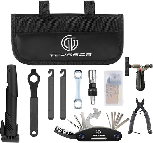Teyssor Bike Repair Bag with Tire Pump, Bicycle Tire Repair Tool Kit, Portable Tool Bag with 16 in 1 Multitool All in One Bike Kit for Cycling-StrideForce Fitness