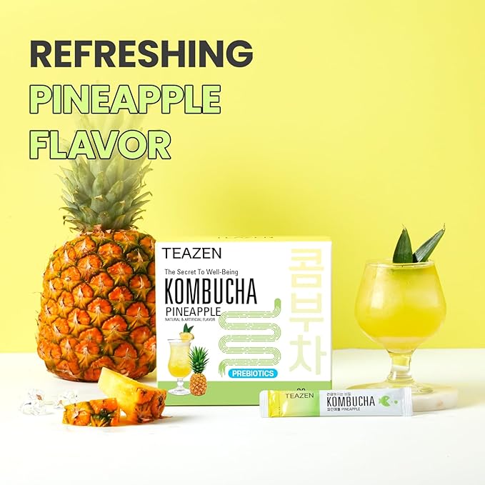 TEAZEN Pineapple Kombucha Tea, Hydration Drink Mix, Sugar Free, Live Probiotics & Prebiotics, 30 Sticks, 5.29oz-StrideForce Fitness