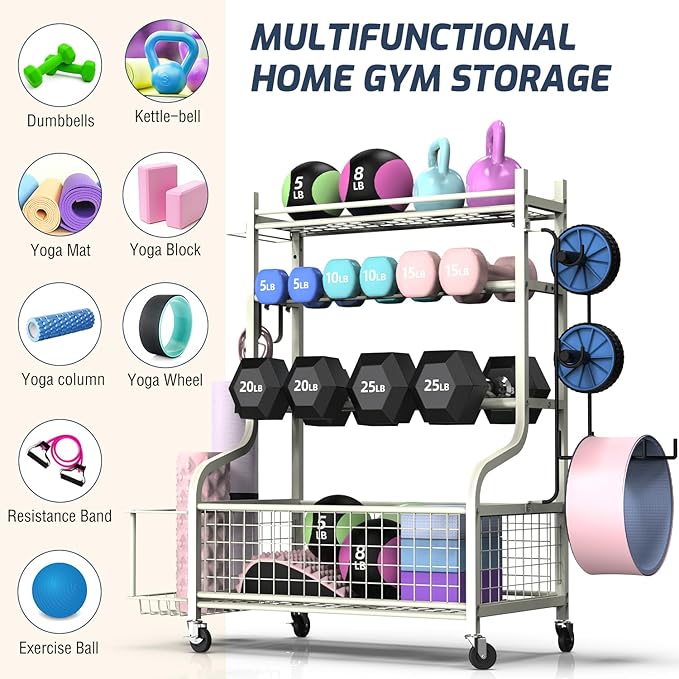PLKOW Dumbbell Rack, Weight Rack for Dumbbells, Home Gym Storage for Dumbbells Kettlebells Yoga Mat and Balls, All in One Workout Storage with Wheels and Hooks, Powder Coated Finish Steel-StrideForce Fitness
