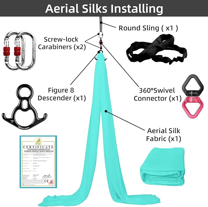 PRIOR FITNESS Aerial Silks Kit Colorful 9/15/20 Yards 40D Nylon Fabric Hammock Set With Hardware & Guide for All Levels Of Aerial Yoga Practice and Acrobatic Flying For Adults Aerial silk-StrideForce Fitness