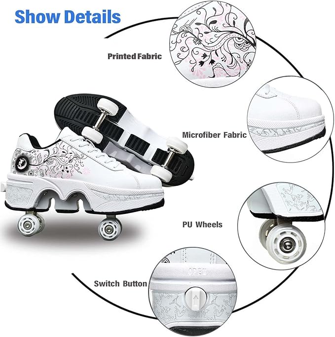Roller Skate Shoes for Women Four Rounds Children's Roller Skates Shoes That Turn into Rollerskates Sneakers Outdoor Light Shoes with Wheels for Girls/Boys-StrideForce Fitness