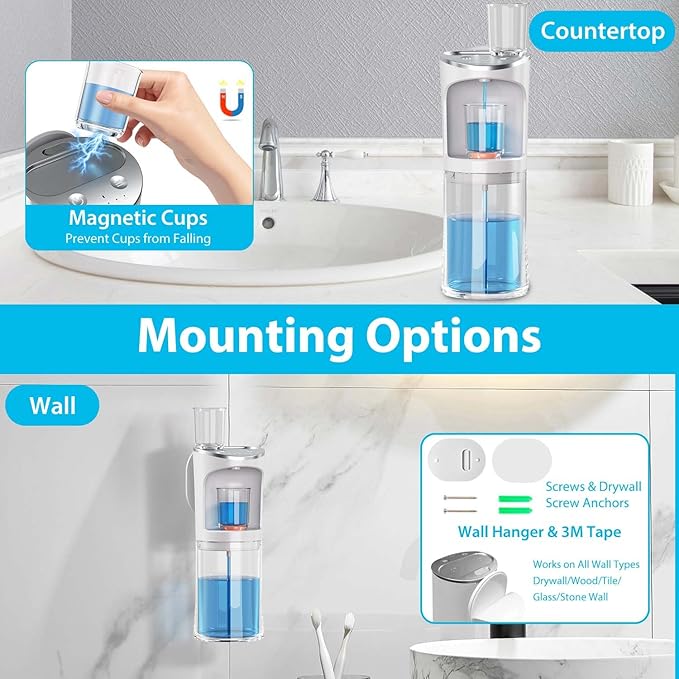 Automatic Mouthwash Dispenser for Bathroom, 2000mAh Electric Touchless Mouthwash Dispenser with Magnetic Cups, 20 Oz Wall Mounted/Countertop Mouthwashs Dispensers for Kids & Adults(White)