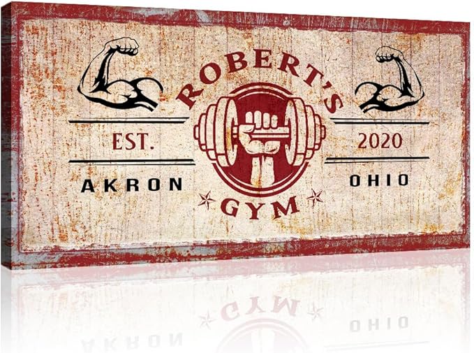 Tailored Canvases Personalized Gym Sign Wall Art Decor - Motivational Canvas for Home Gym, Workout Room, Garage, Fitness Center - Workout Inspirational Posters - One Hand Dumbbell on Rustic Red, 60x30in-StrideForce Fitness