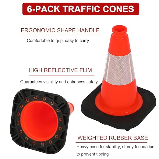 OrangeStar 12" Traffic Cones 6-Pack, Orange Safety Cones with Reflective Collar, Heavy Duty Base for Driving Practice, Parking Lots, Roadwork, Construction | Indoor & Outdoor Use-StrideForce Fitness