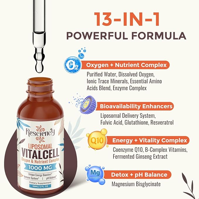13-in-1 Liquid Oxygen & Nutrient Supplement for Energy, Altitude Support, Performance, Antioxidant, Immune, Fatigue & Detox, Liposomal for High Absorption, pH Balance, Organic, Gluten Free, 8 Fl Oz-StrideForce Fitness