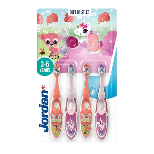 Jordan* Step 2 Kids Toothbrush, 3-5 Years, Soft Bristles, BPA Free (4 Pack) Pink & Yellow