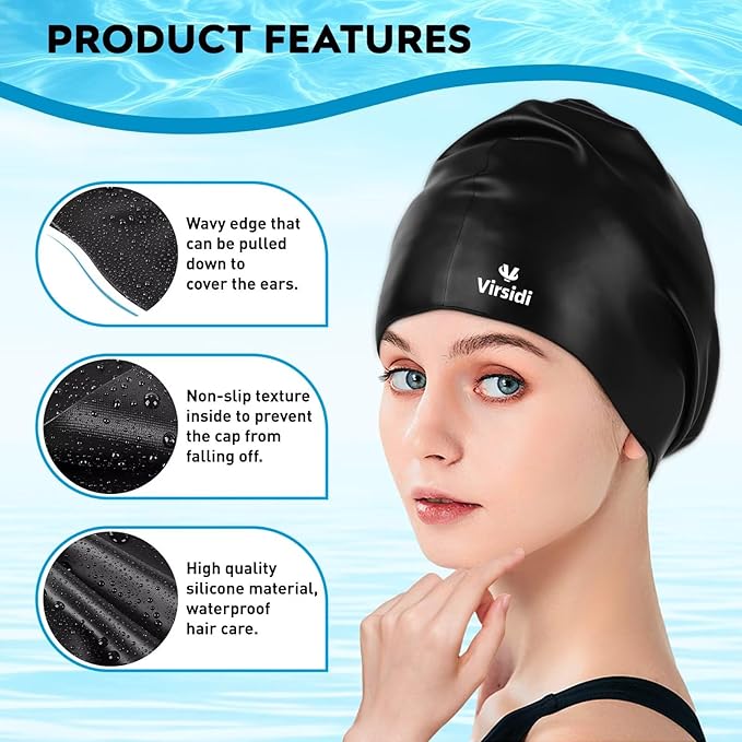 2 Pack Large Swim Caps for Long Hair, Silicone Swimming Cap for Adult Women Men, Waterproof Swim Hats Bathing Caps to Keep Hair Dry with Bonus Nose Clip and Earplugs-StrideForce Fitness