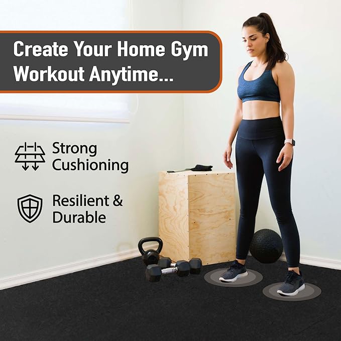 AIRHOP 0.56in Thick 24 Sq Ft Exercise Equipment Mats, 6 Tiles Upgraded Rubber Top with High Density EVA Foam, Large Interlocking Puzzle Gym Flooring for Home Gym, Heavy Weight Workout,Black-StrideForce Fitness