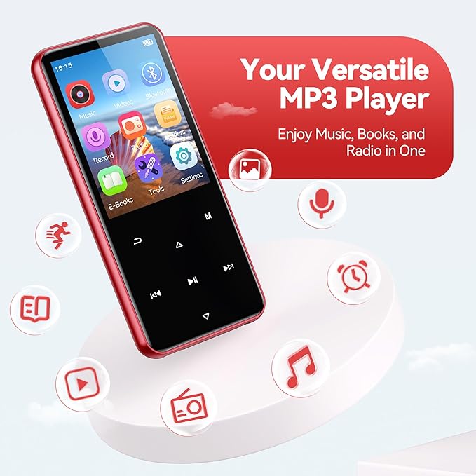 AGPTEK 64GB MP3 Player with Bluetooth, M3 2.4 inch Music Player with Speaker and FM Radio, Touch Buttons, Supports Up to 128GB (Black Red)-StrideForce Fitness